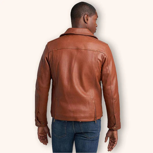 Man wearing a brown leather jacket on a white background