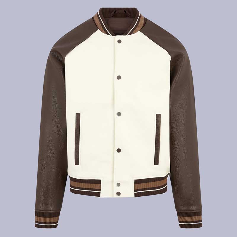 Men's Cream Brown Contrast Leather Bomber Jacket