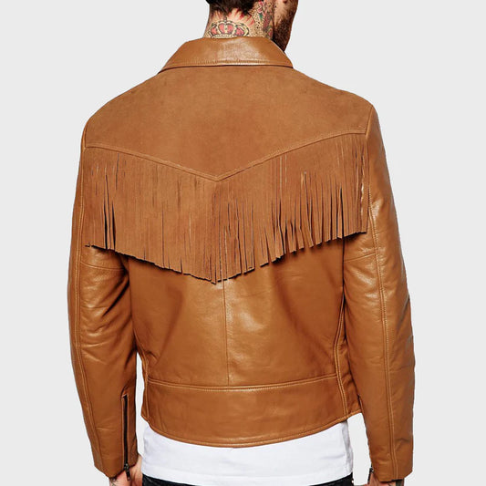 Brown leather jacket with fringe details on a plain background