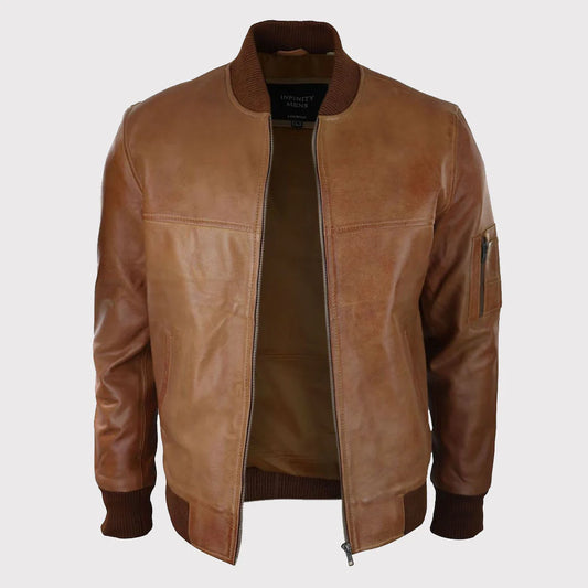 A brown leather bomber jacket with a dark brown ribbed collar, cuffs, and hem, shown open against a light gray background.