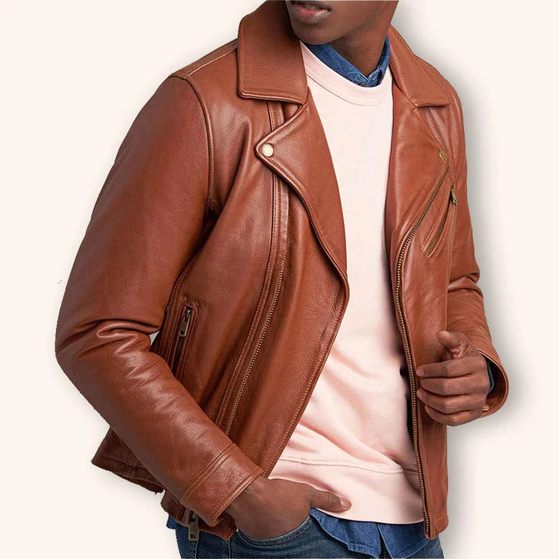 Men's Tan Brown Leather Biker Jacket