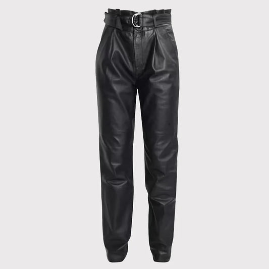 Black faux leather high-waisted trousers with a matching belt and silver buckle, shown on a light gray background.