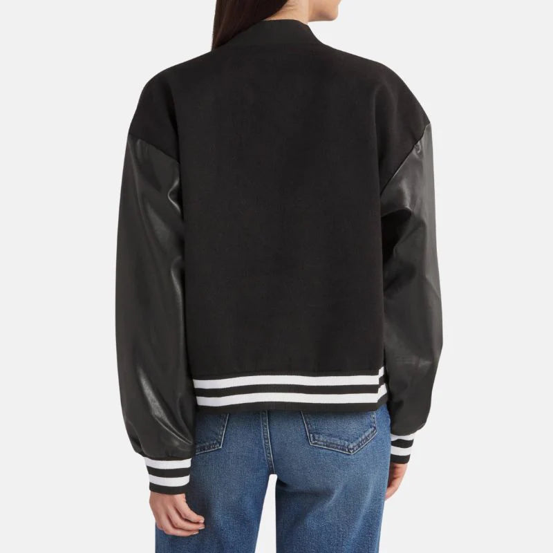 Women’s Black Lettermen Bomber Jacket With Leather Sleeves
