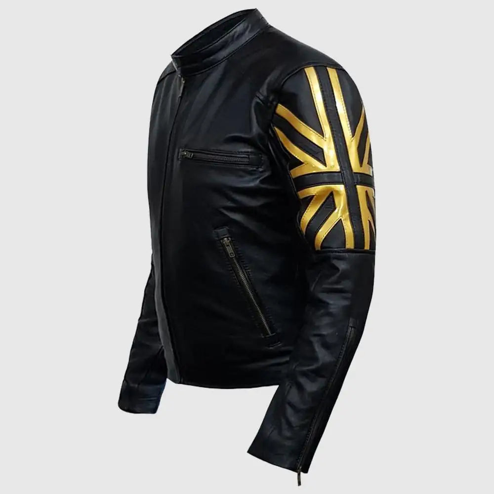 Mens Black & Gold UK Flag Leather Jacket