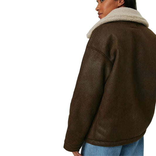 Inguna Women Fashion Grayish Brown Aviator Shearling Bomber Jacket