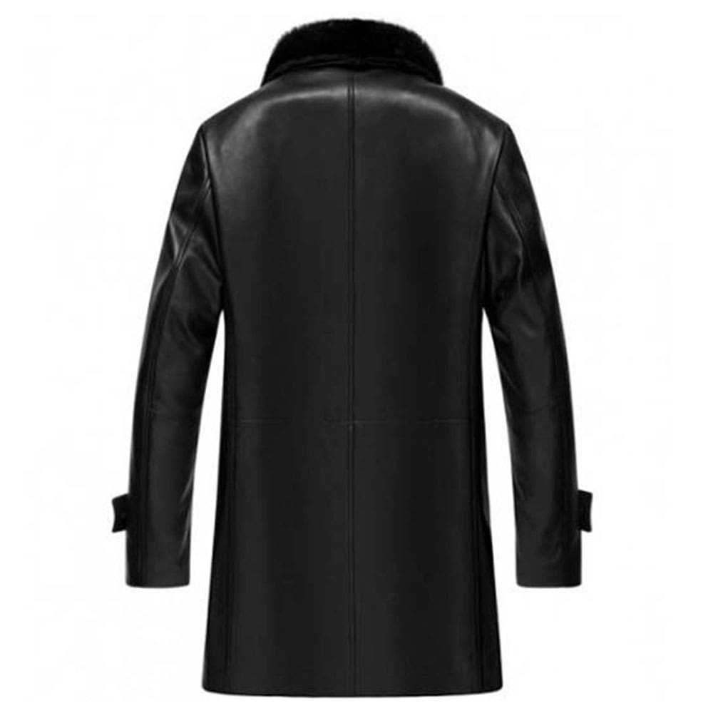 Mens Black Shearling Collar Sheepskin Leather Three Quarter Length Coat