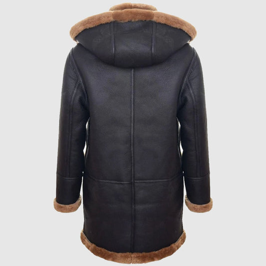 Mens genuine shearling sheepskin duffle coat