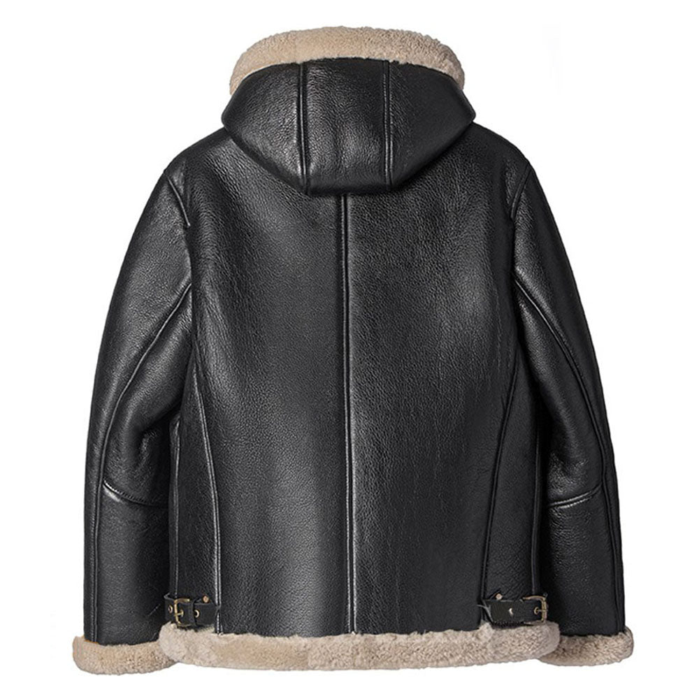 Mens Black Sheepskin Shearling Bomber Jacket With Hood