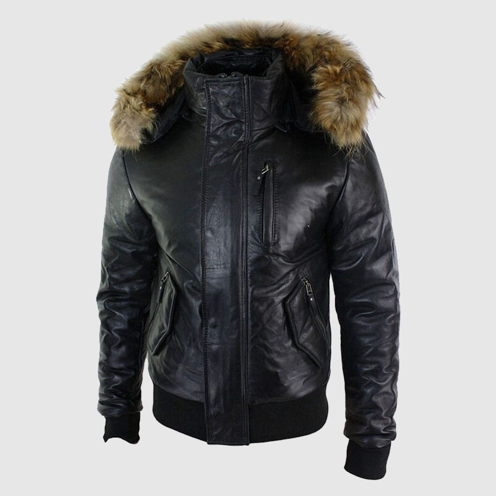 Mens Black Hood Bomber Shearling Jacket