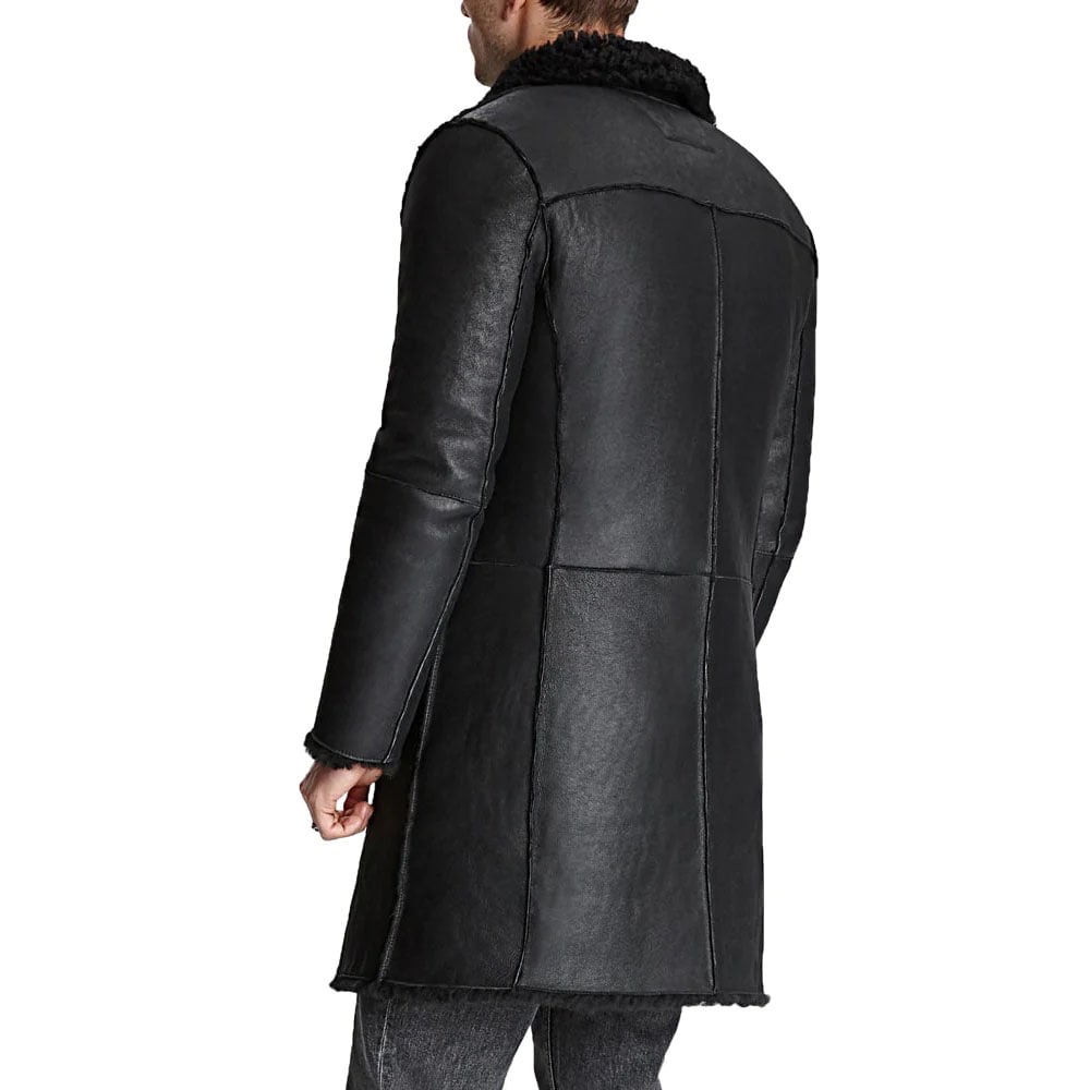 Mens Black Leather Faux Shearling Coat