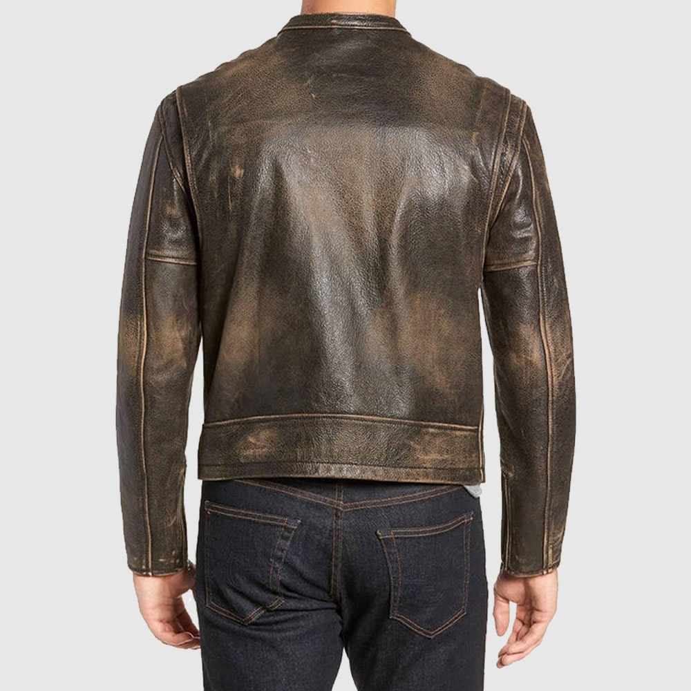 Mens Cafe Racer Distressed Vintage Brown Real Genuine Biker Leather Jacket