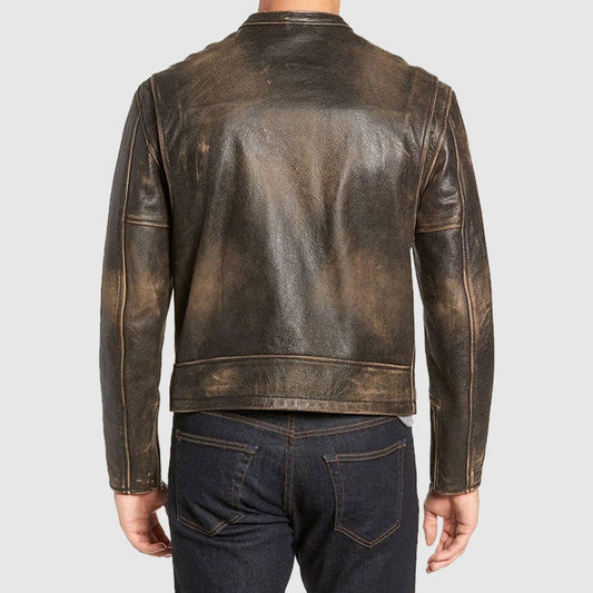 Mens Cafe Racer Distressed Vintage Brown Real Genuine Biker Leather Jacket