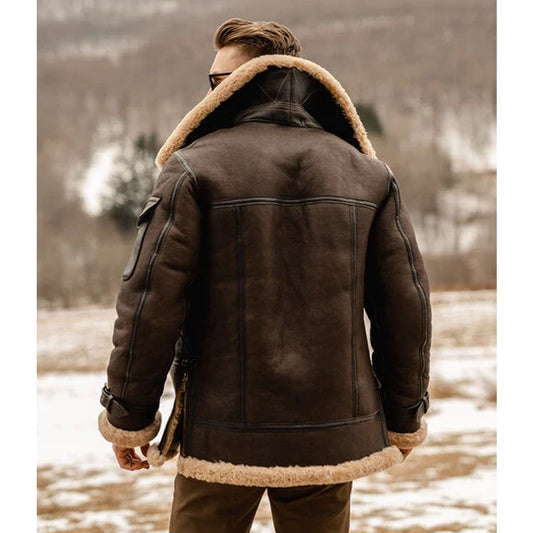 Men's Brown B3 Flying Aviator Shearling Leather Long Jacket Coat