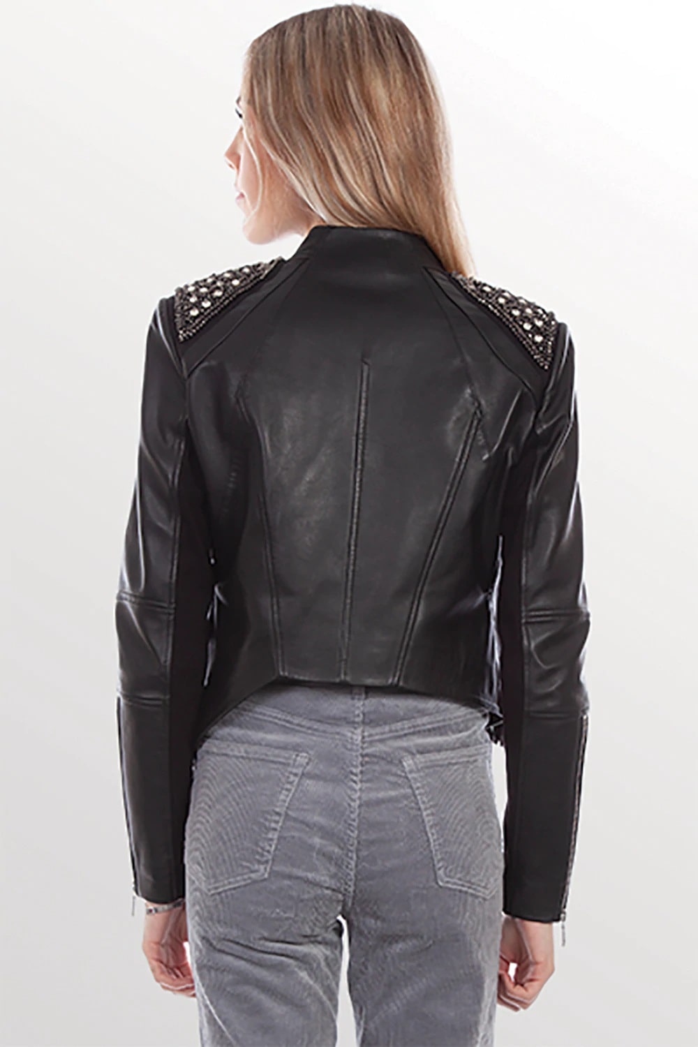 Womens Black Lamb Leather Fringe Studded Jacket