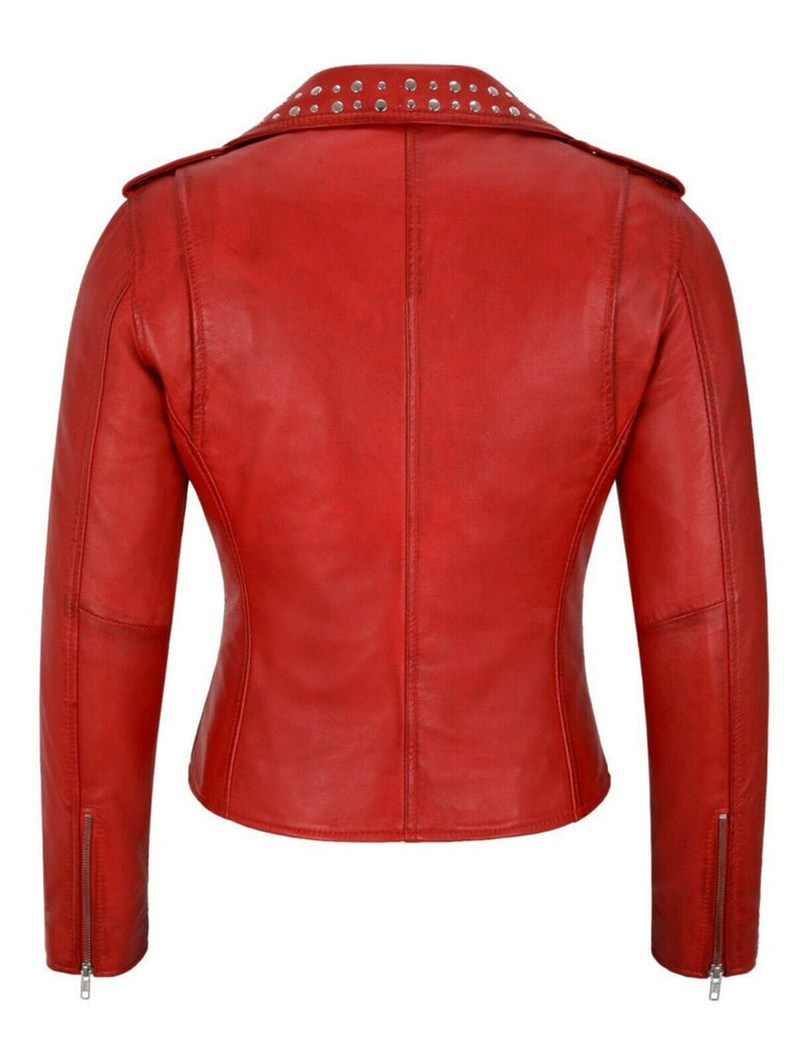 Women Red Rivet Studded Leather Biker Motorcycle Leather Jacket