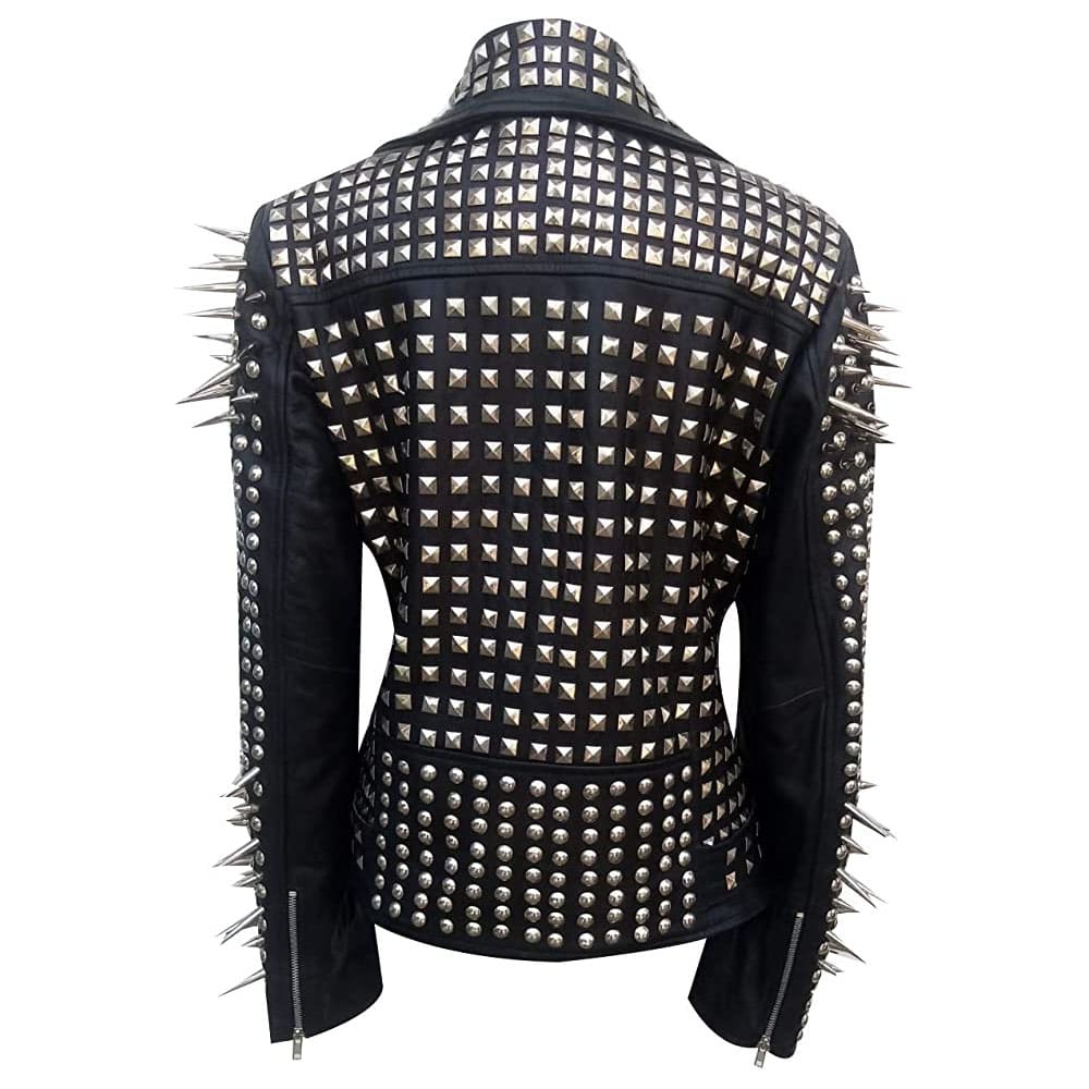 Women's Metal Spikes Brando Motorcycle Slim Fit Genuine Leather Coat