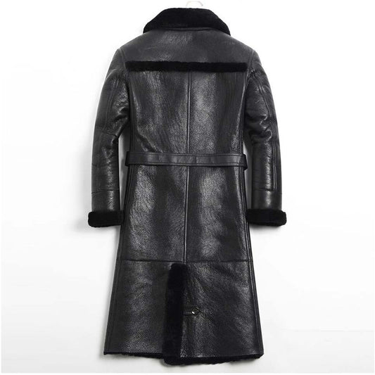 Mens Black Shearling Sheepskin Leather Long Coat