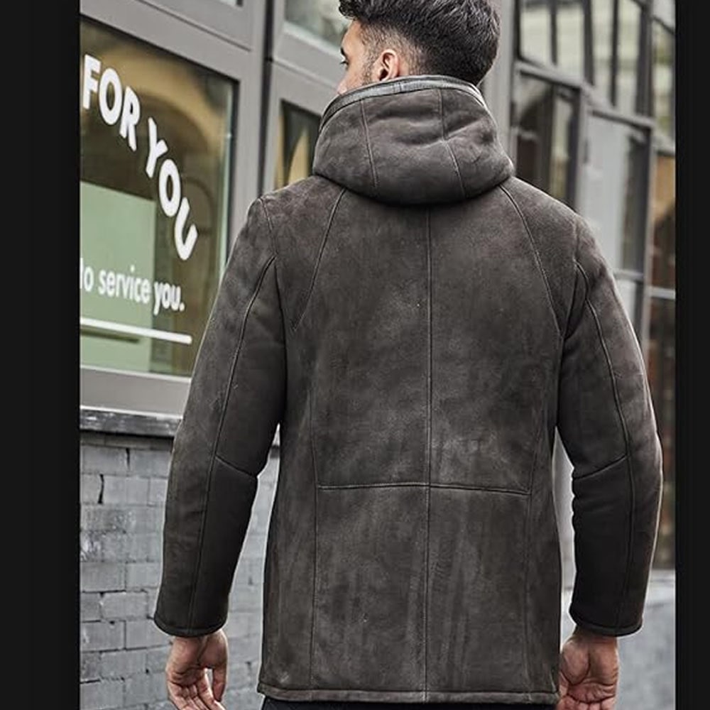 Men Shearling Jacket Hooded Warm Winter Jacket