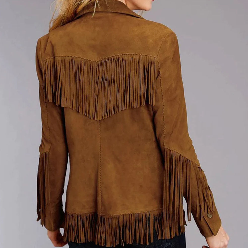 Women Brown Suede Leather Fringe Jacket