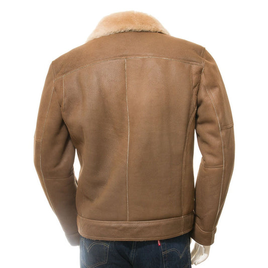 Men Tan Sheepskin Biker Jacket