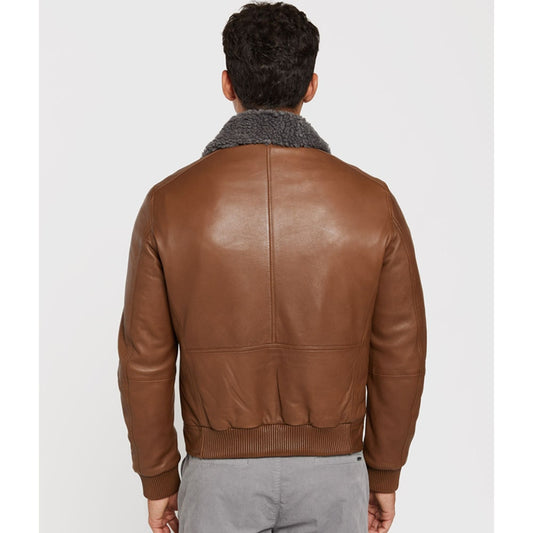 Leather aviator jacket with detachable recycled fur
