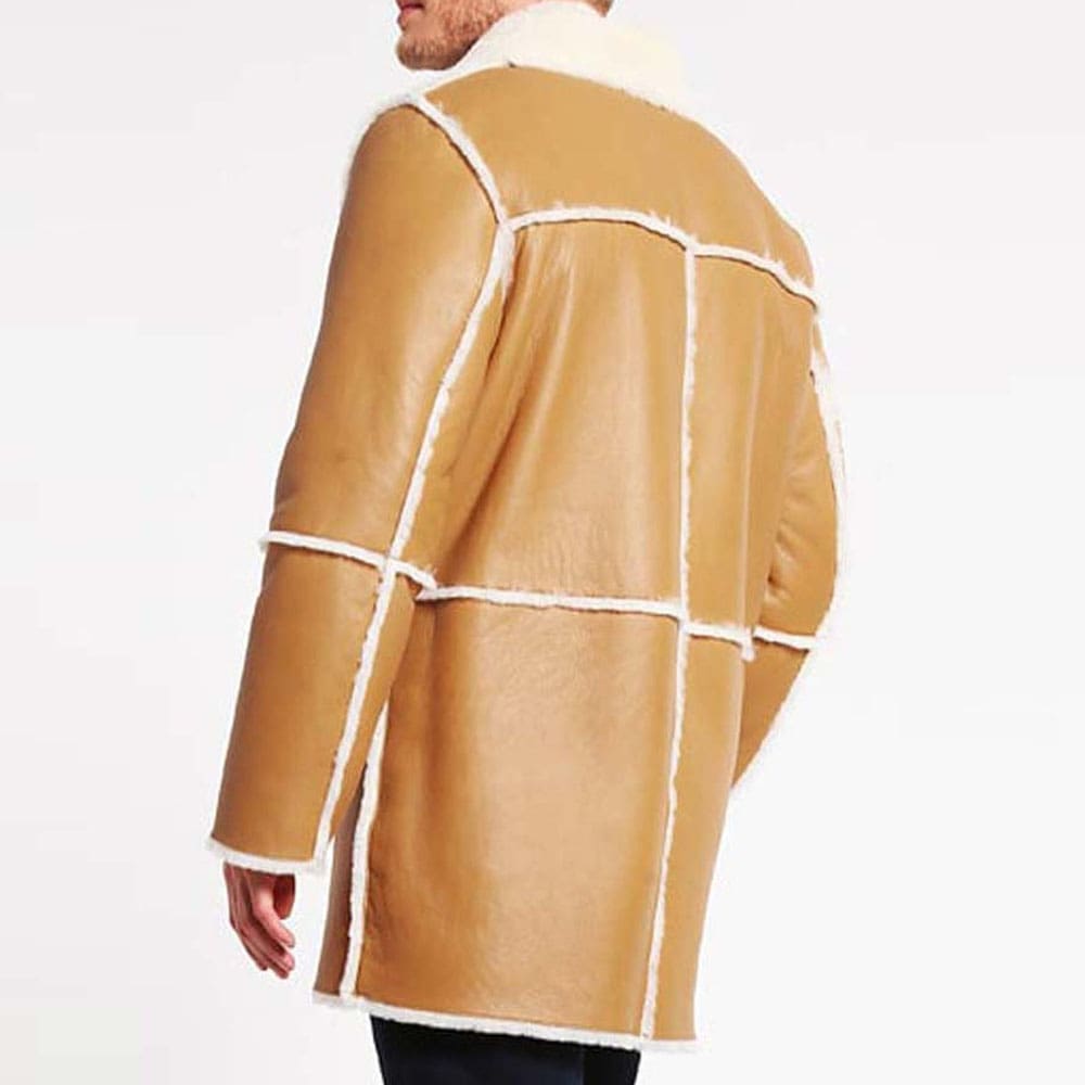 Mens Tan Brown Shearling Sheepskin Car Long Coat