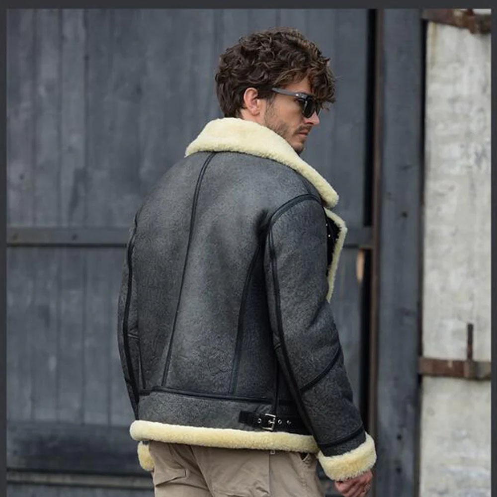 Men's Shearling Jacket Lapel Collar Sheepskin Coat