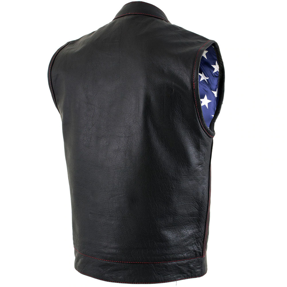 Men's 'Old Glory' Leather Vest with Red Stitching and USA Inside Flag Lining