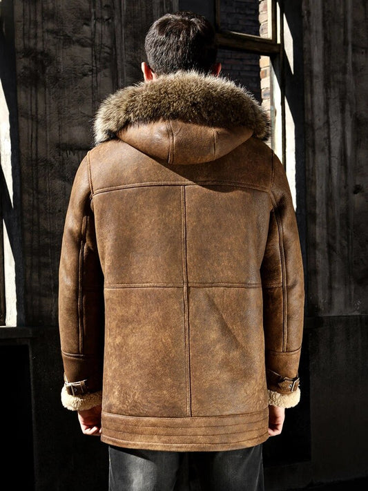 Mens Shearling Coat Long Hooded Genuine Leather Clothes Overcoat
