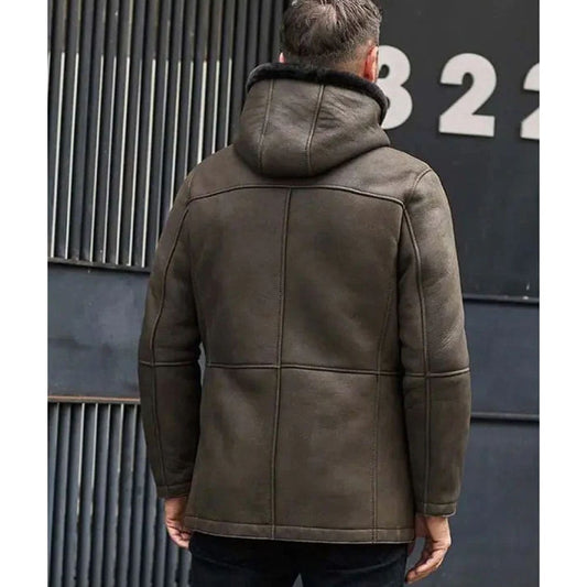 Mens Fur Coat Green Leather Overcoat Hooded Wool Parkas Warmest Winter Outwear