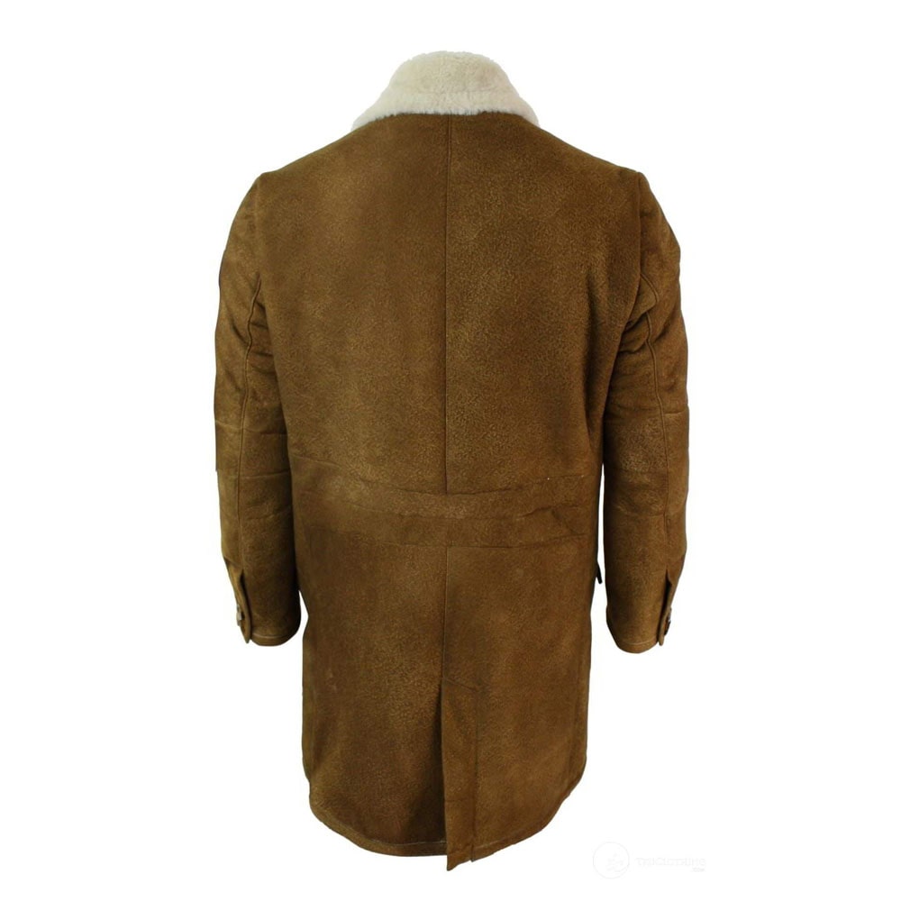 Mens Shearling Sheepskin Tan Brown 3-4 Overcoat Vintage Retro Winter Warm
