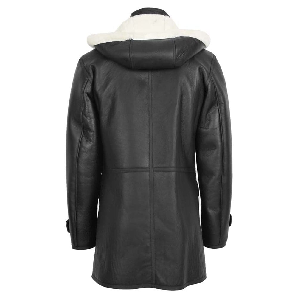 Mens Black White Shearling Sheepskin Duffle Hooded Coat