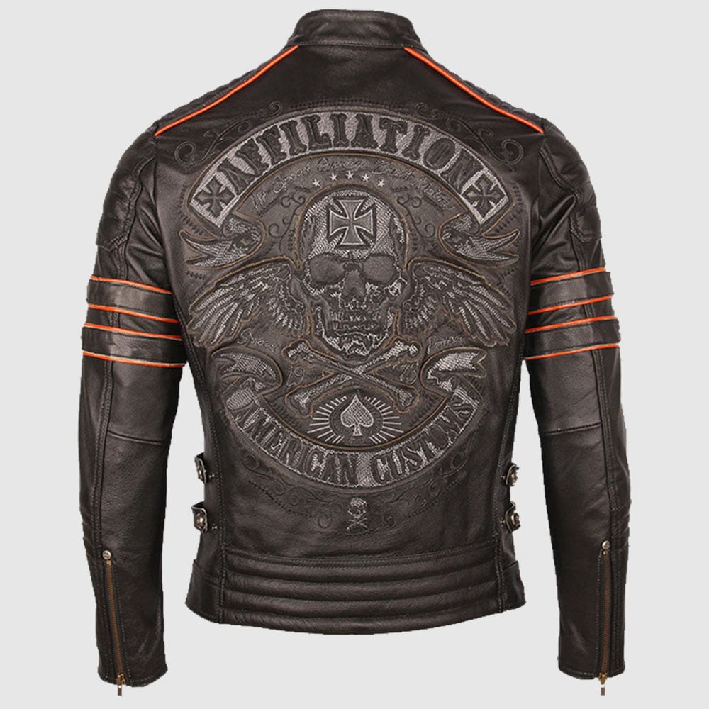 Vintage Retro Affiliation Skull Embroidered Leather Motorcycle Jacket