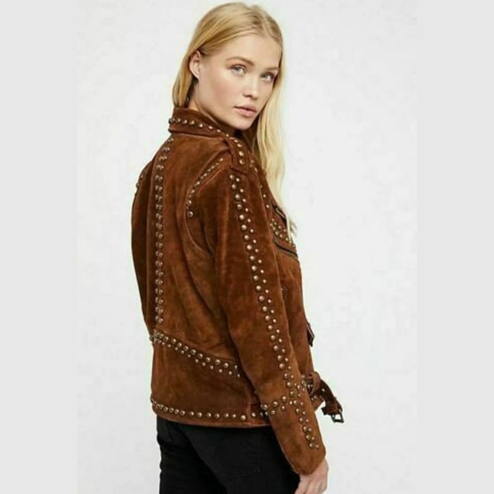 Women Western Suede Leather Jacket Studded