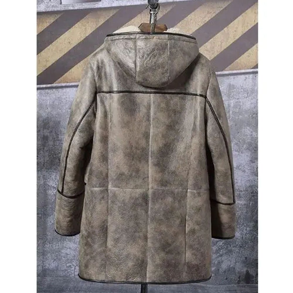 Mens Bomber Shearling Fur Hooded Winter Long Leather Jacket Trench Coat