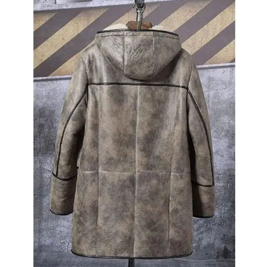 Mens Bomber Shearling Fur Hooded Winter Long Leather Jacket Trench Coat
