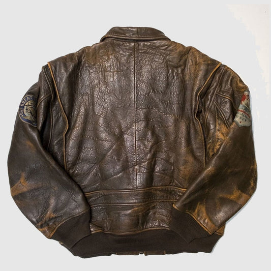 Vintage Style 80s Top Gun Military Flight Bomber Distressed Brown Leather Jacket