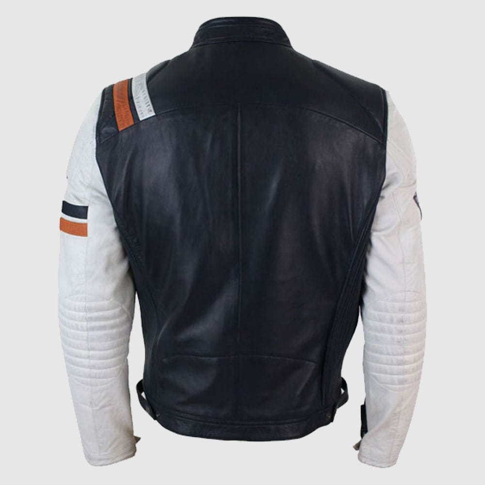 Navy Blue White Real Leather Biker Jacket