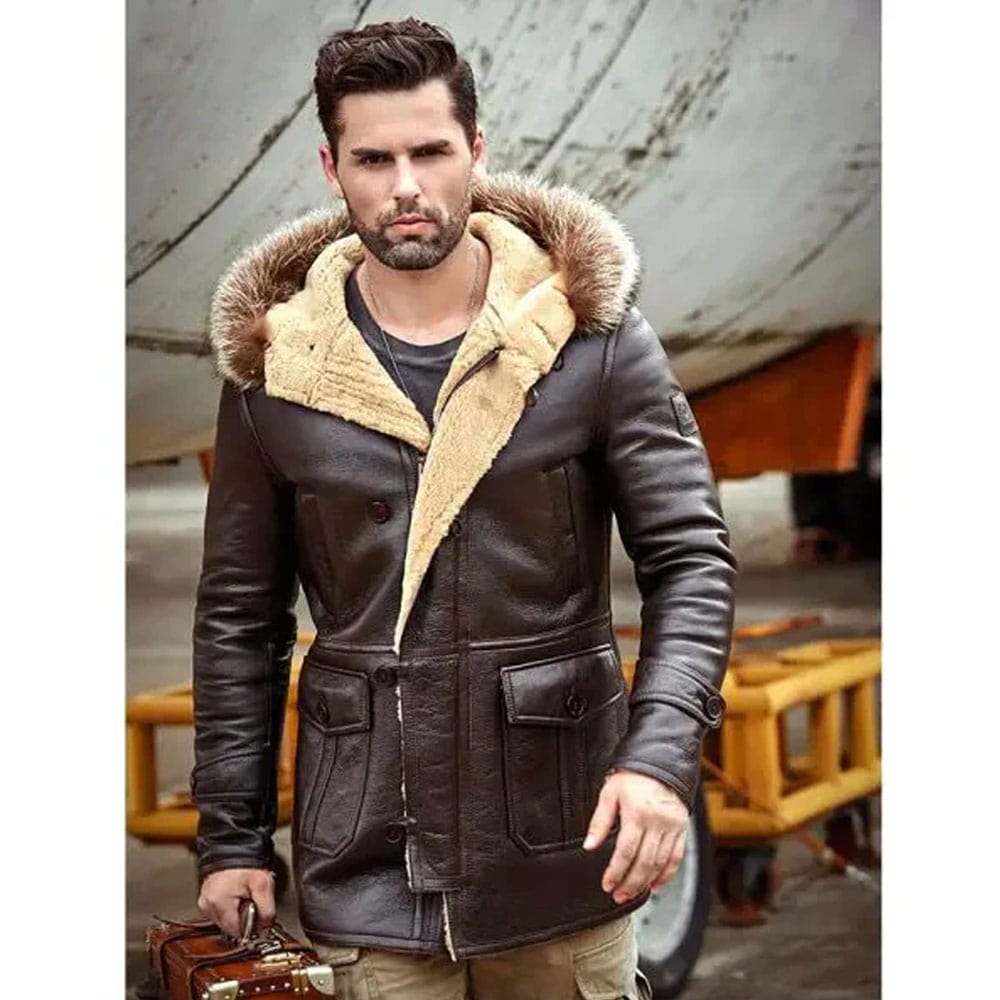Mens B3 Leather Bomber Shearling Trench Coat