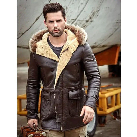 Mens B3 Leather Bomber Shearling Trench Coat