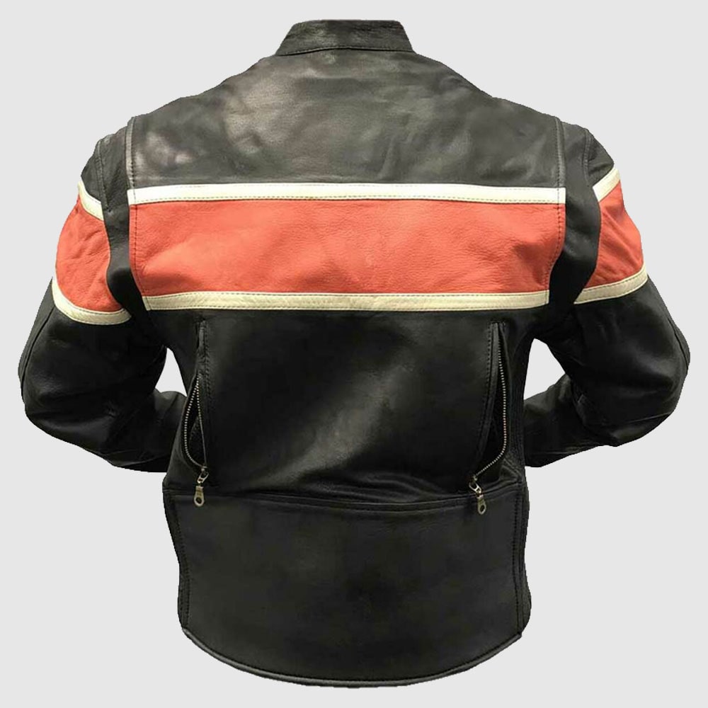Redline Men's Orange Stripe Cowhide Leather Motorcycle Jacket, Black M-3200