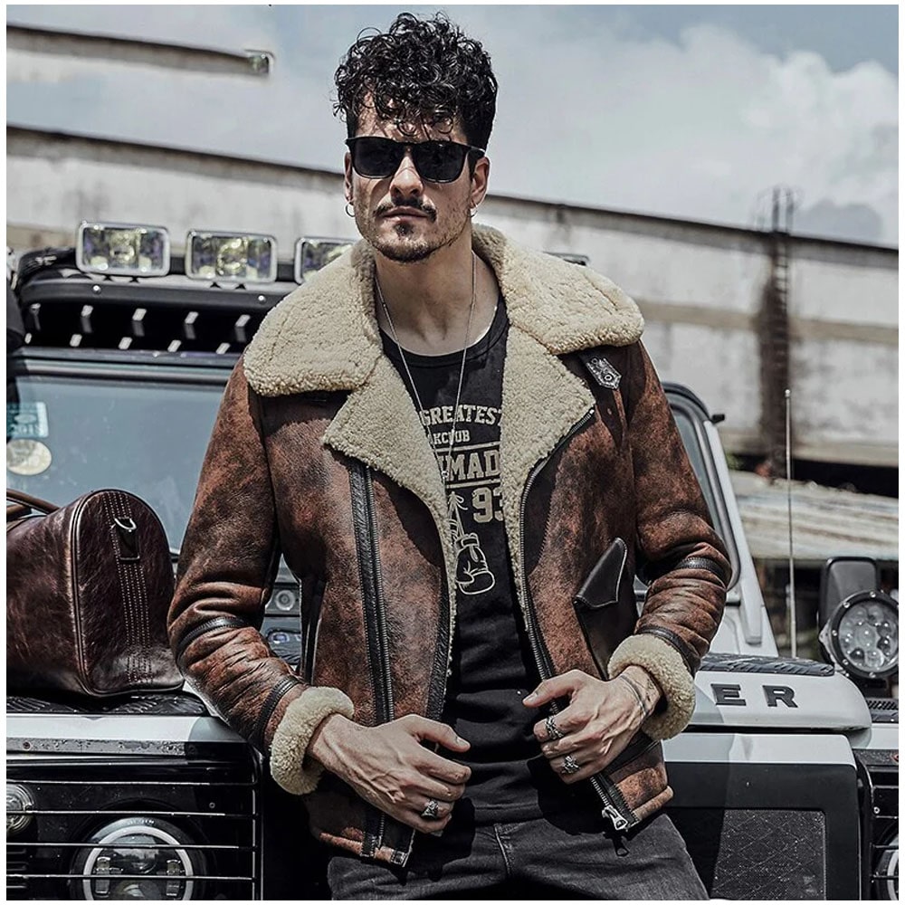 Mens B3 RAF Waxed Brown Flying Aviator Leather Shearling Jacket Coat