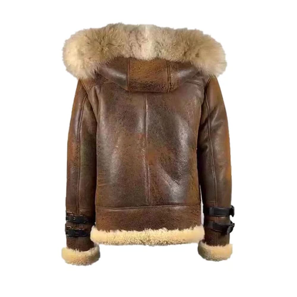 Rocco Vintage Distressed Brown Aviator bomber shearling jacket with hoodie