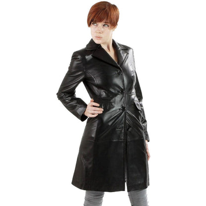 A Black Leather Walking Trench Coat For Women