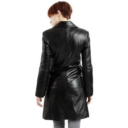 A Black Leather Walking Trench Coat For Women