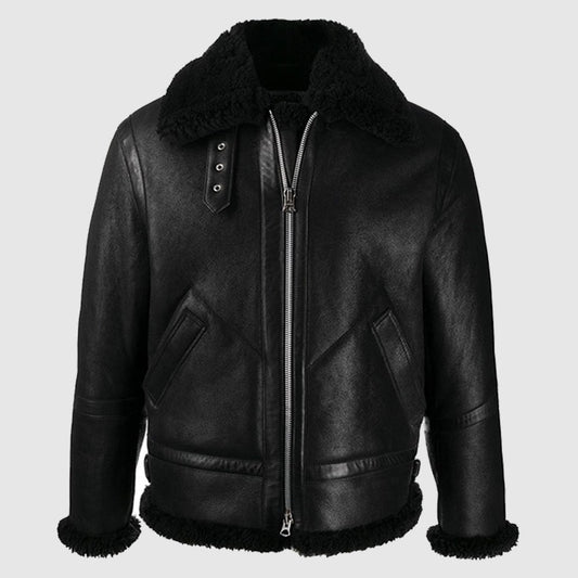 B3 Bomber Black Faux Shearling Jacket, men real shearling sheepskin leather jacket