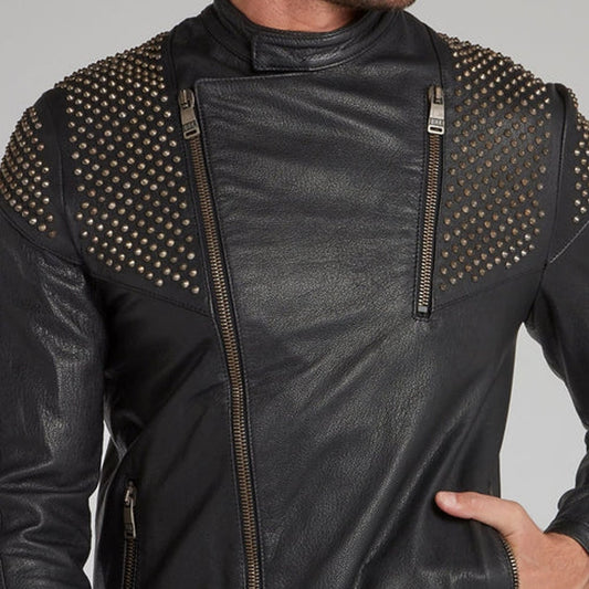 men Black Spike Studded Leather Jacket