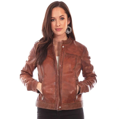 Womens Antique Brown Lamb Leather Cafe Racer Jacket