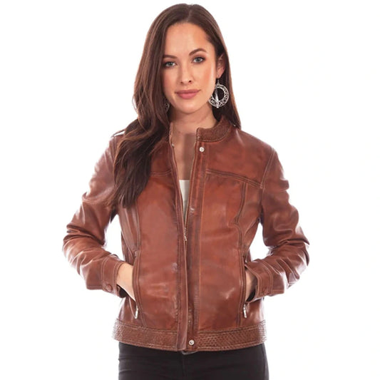 Womens Antique Brown Lamb Leather Cafe Racer Jacket