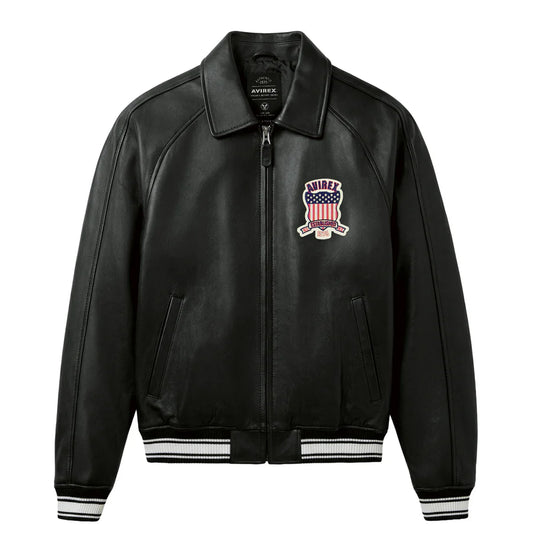Black leather jacket with a logo on a white background